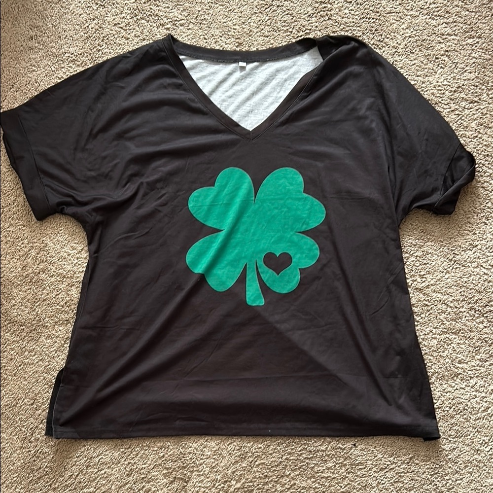 Black V-Neck T-Shirt with Green Shamrock